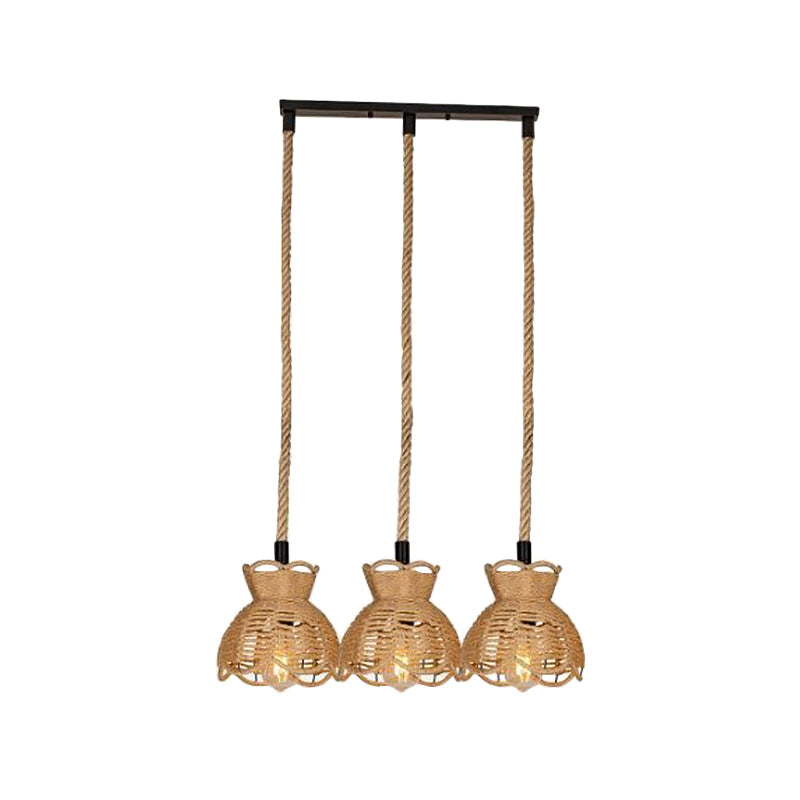 Farmhouse Hemp Bistro Pendant - Round/Linear 3/6-Head Brown Multi Hanging Lamp With Scalloped Trim