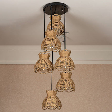 Hemp Farmhouse Bistro Pendant Lamp With Scalloped Trim - Round/Linear Cluster Bowl 3/6-Head Brown