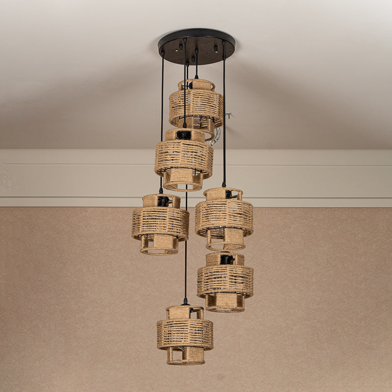 Rustic Canopy Pendant Light With Dual Shade - 3/6 Lights In Brown
