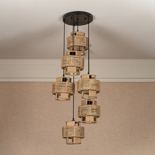 Rustic Canopy Pendant Light With Dual Shade - 3/6 Lights In Brown