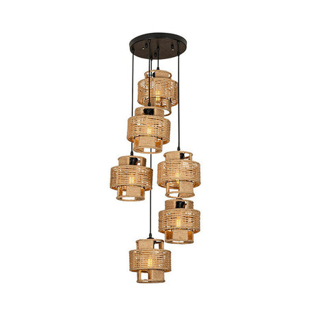 Lodge Style Pendant Light With Double Shade In Brown - Round/Linear Canopy 3/6 Lights Roped Hanging
