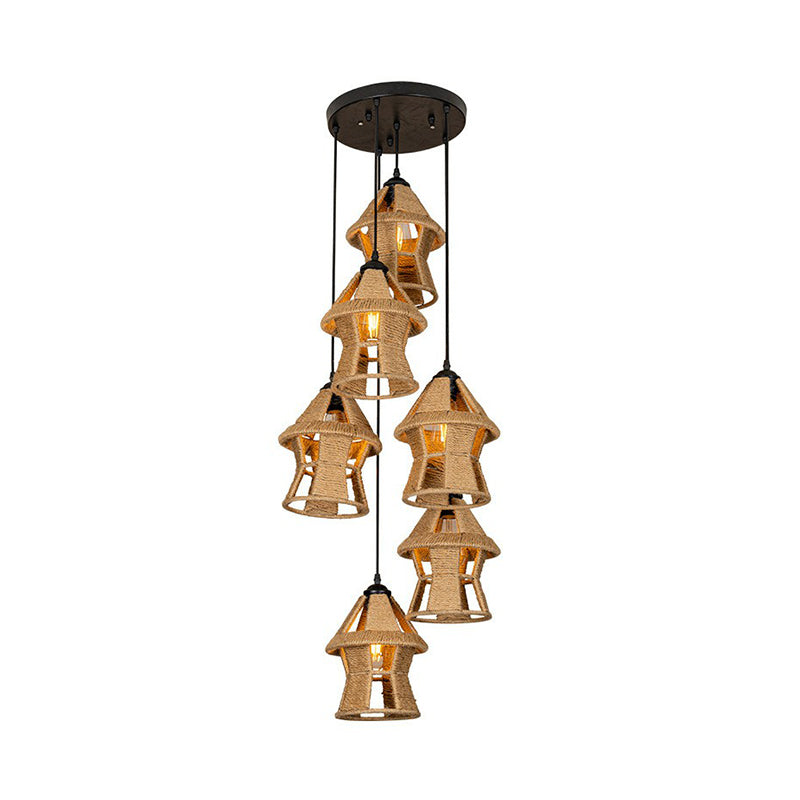 Rustic Rope Cluster Pendant Ceiling Light - Brown 3/6 Bulbs Living Room Round/Linear