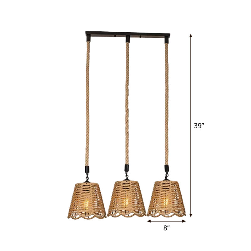Rustic Rope Brown Pendant Light With Scalloped Trim And Multiple Tapered Heads