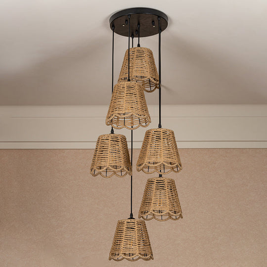 Rustic Rope Brown Pendant Light With Scalloped Trim And Multiple Tapered Heads
