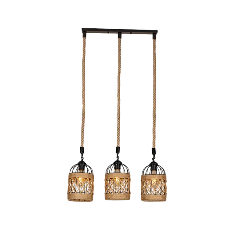 Lodge Birdcage Pendant Light Kit – Criss-Cross Woven Rope Brown 3/6 Heads Cluster Round/Linear