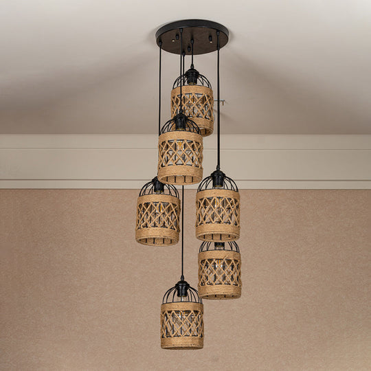 Lodge Birdcage Pendant Light Kit – Criss-Cross Woven Rope Brown 3/6 Heads Cluster Round/Linear
