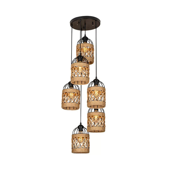 Lodge Birdcage Pendant Light Kit – Criss-Cross Woven Rope Brown 3/6 Heads Cluster Round/Linear
