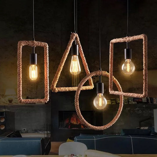Rustic 1-Light Pendant Lamp With Brown Rope Frame For Living Rooms / Triangle