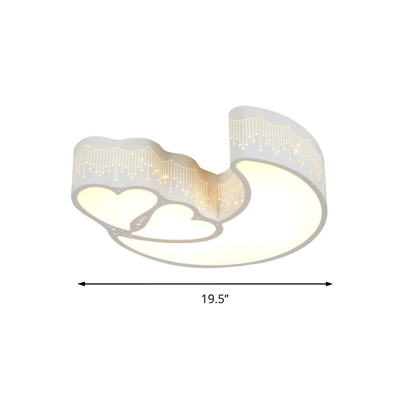 Kid Bedroom Led Flush Ceiling Lamp - Contemporary Heart & Crescent Design In White