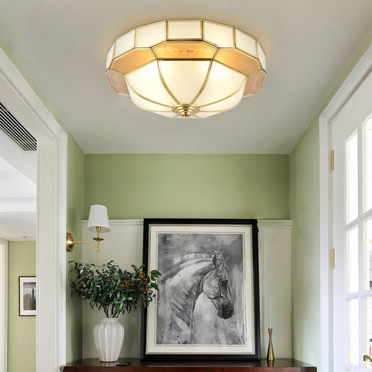 Colonial Milky Glass Bowl Ceiling Fixture 3/4-Bulb Living Room Flush Mount Lamp In Brass 16/19.5