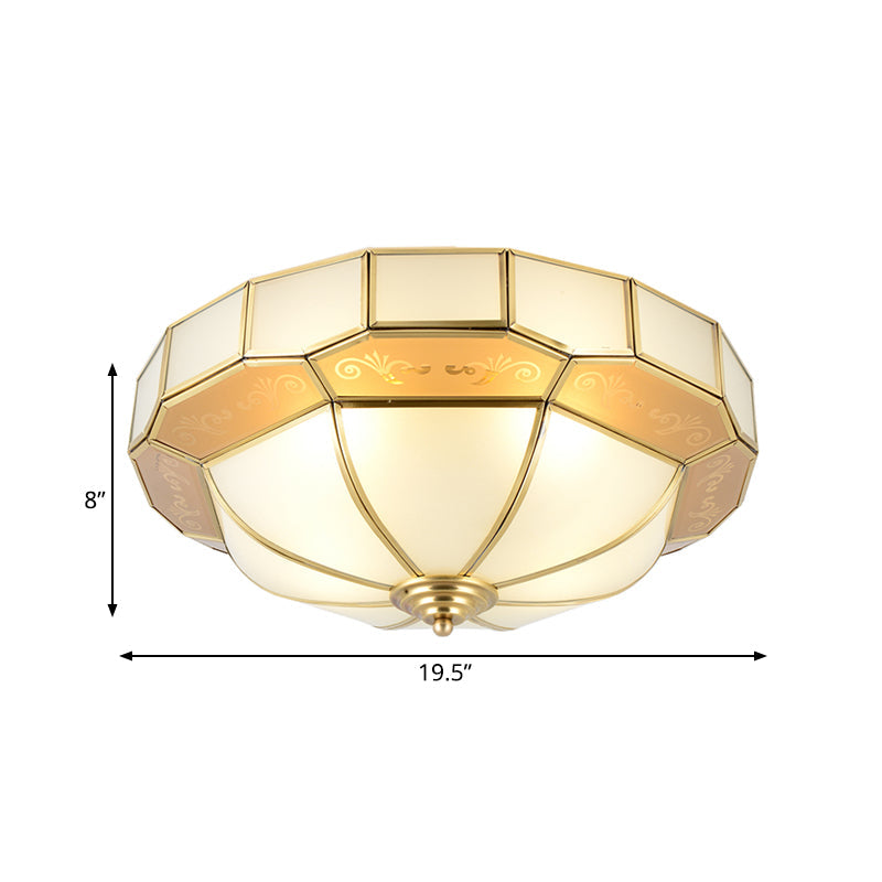 Colonial Milky Glass Bowl Ceiling Fixture 3/4-Bulb Living Room Flush Mount Lamp In Brass
