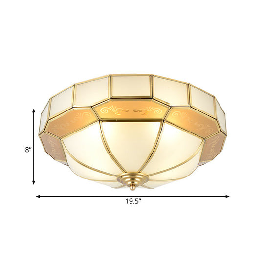 Colonial Milky Glass Bowl Ceiling Fixture 3/4-Bulb Living Room Flush Mount Lamp In Brass
