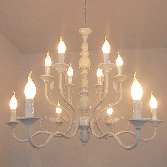 Traditional Metal 2-Tier Candle Chandelier - 10/12/16 Heads White Pendant Lamp For Living Room