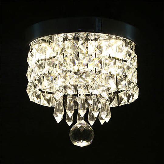 Glamorous Crystal Drum Ceiling Light In Chrome - Flush Mount Fixture