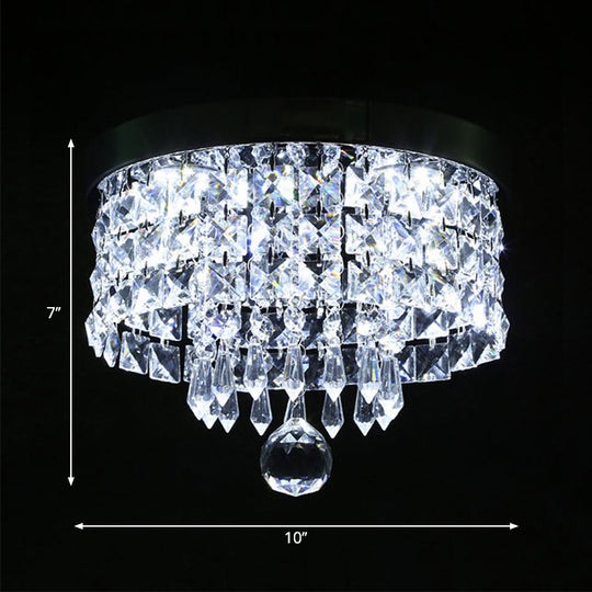Glamorous Crystal Drum Ceiling Light In Chrome - Flush Mount Fixture