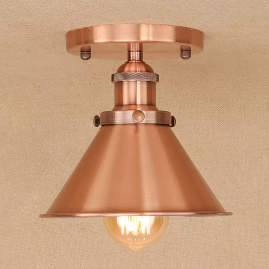 Industrial Iron Cone Shade 1 - Light Ceiling Lamp: Rust/Black/Copper Semi Mount Lighting Copper