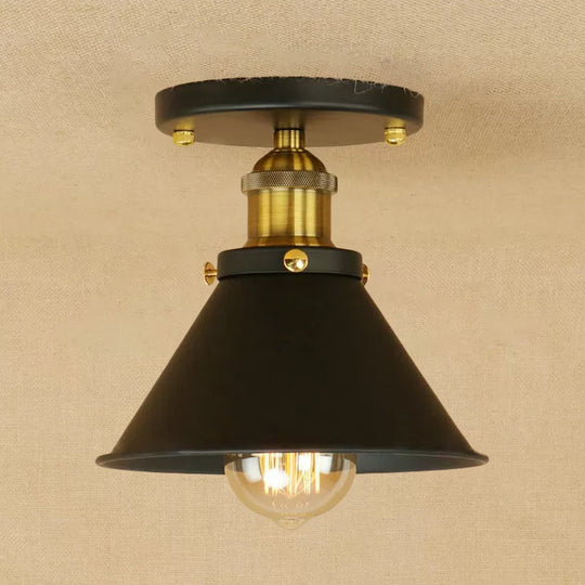Industrial Iron Cone Shade 1 - Light Ceiling Lamp: Rust/Black/Copper Semi Mount Lighting Black -