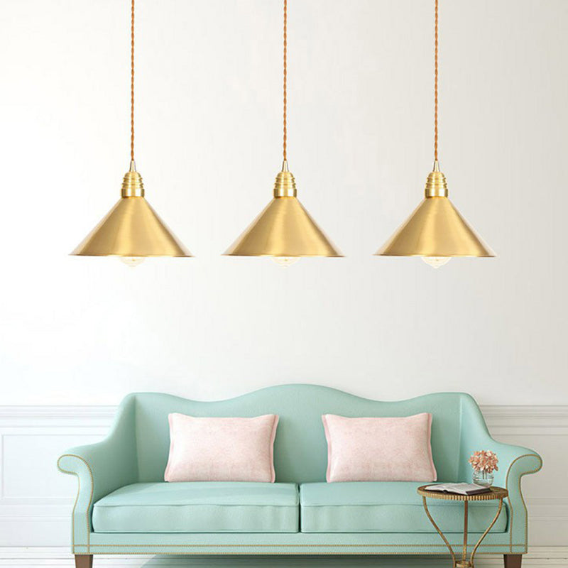 Antiqued Iron Gold Pendant Lamp With Single-Bulb Flat/Bowl/Cone Shade Suspension Fixture / Trumpet