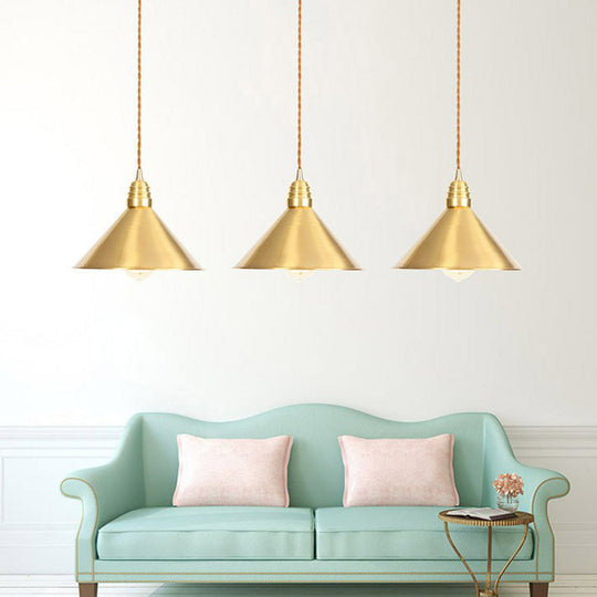 Antiqued Iron Gold Pendant Lamp With Single-Bulb Flat/Bowl/Cone Shade Suspension Fixture / Trumpet