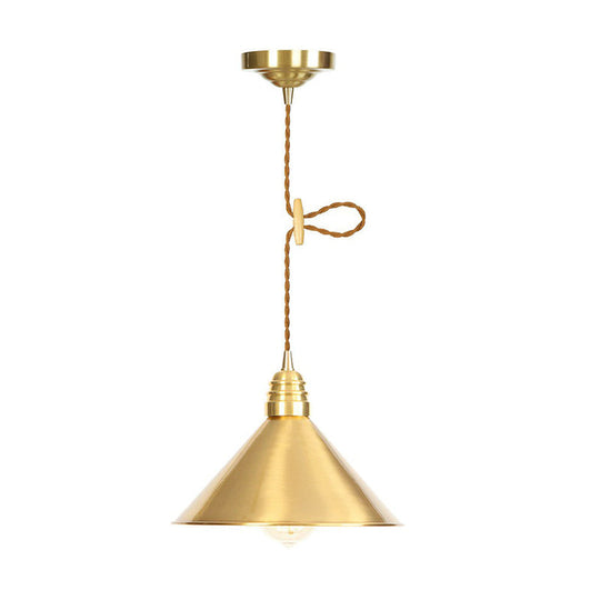 Antiqued Iron Gold Pendant Lamp With Single-Bulb Flat/Bowl/Cone Shade Suspension Fixture