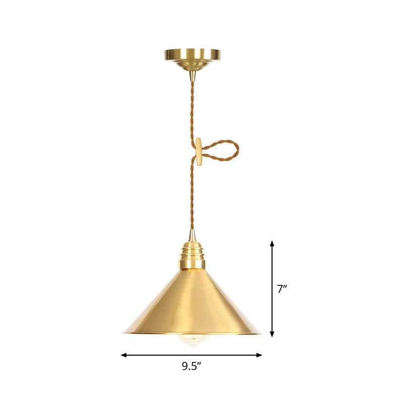 Antiqued Iron Gold Pendant Lamp With Single-Bulb Flat/Bowl/Cone Shade Suspension Fixture