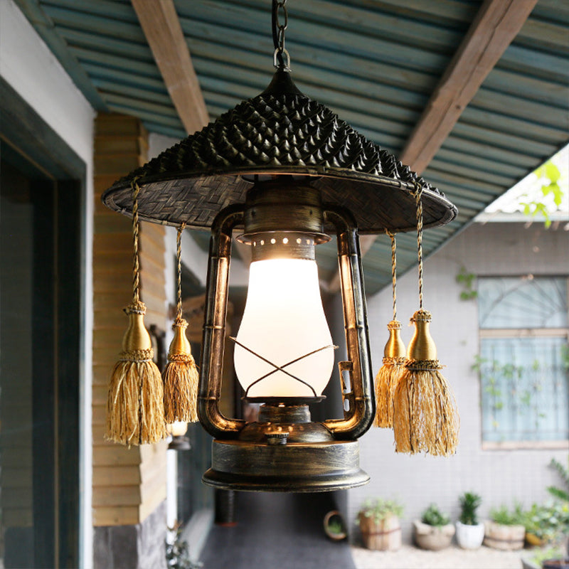 Bronze Head Hanging Pendant Lamp With Cream Glass Shade And Tassel Knot