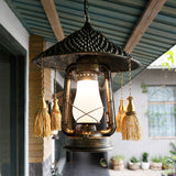 Rustic Cream Glass Hanging Pendant Lamp With Bronze Finish - Kerosene Ceiling Suspension Light