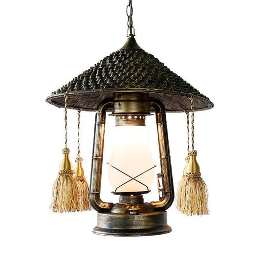 Rustic Cream Glass Hanging Pendant Lamp With Bronze Finish - Kerosene Ceiling Suspension Light