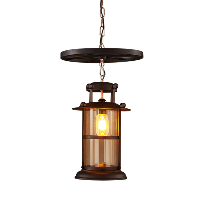 Industrial Metal Cage Pendant Lamp With Wheel Decoration - Black