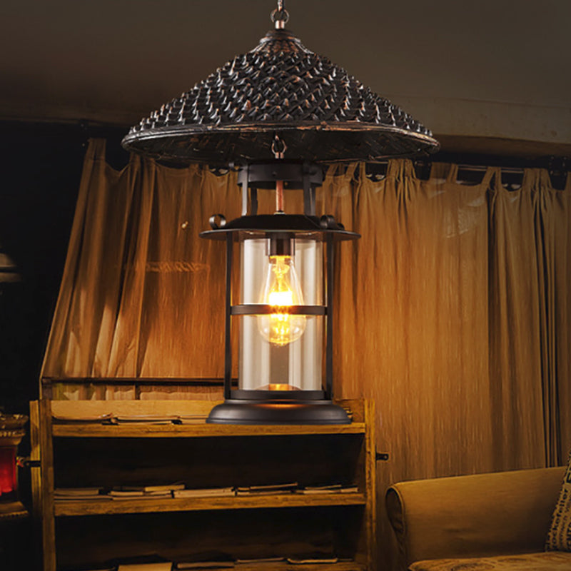 Rustic Black Hanging Pendant Light With Transparent Glass Cylinder And Pointy Hat Decoration Single
