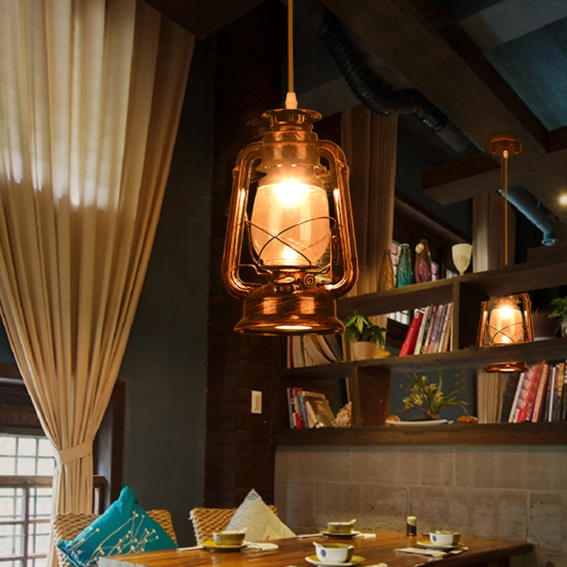 Antique Metal Single Pendant Hanging Lamp - Kerosene Restaurant Lighting With Bronze/Copper Finish