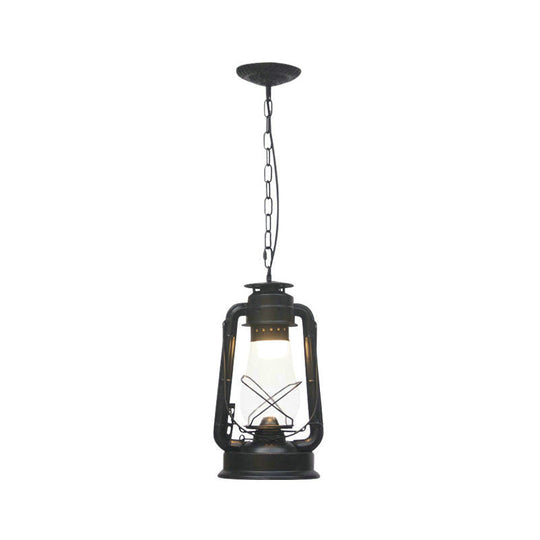 Rustic Clear/Frosted Glass Kerosene Pendant Lamp In Bronze/Copper/Black - 1 Bulb Dining Room