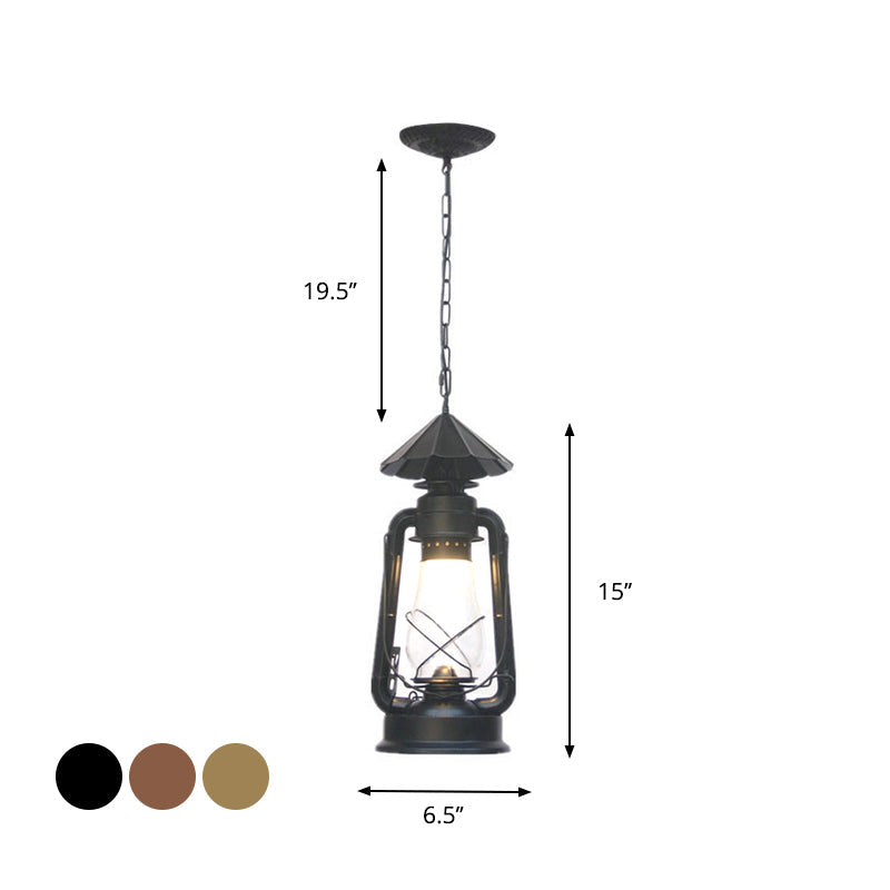 Rustic Clear/Frosted Glass Kerosene Pendant Lamp In Bronze/Copper/Black - 1 Bulb Dining Room