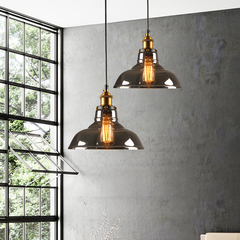 Country Style Glass Pendant Lamp In Clear/Smoke Grey With 1 Head And Brass/Black Finish For Dining