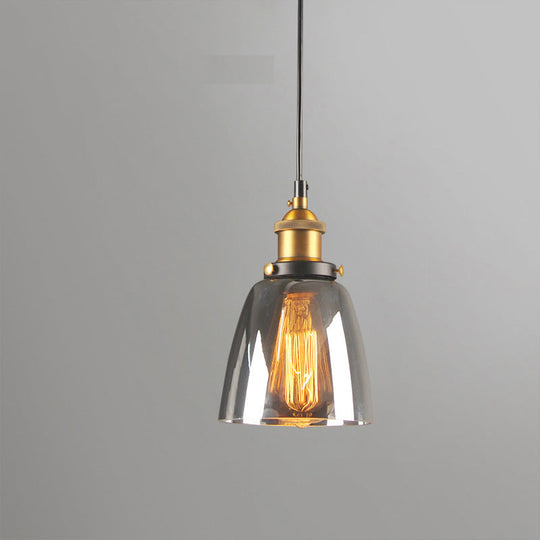 Rustic Brass Single-Bulb Bell Pendulum Light With Clear Amber And Smoke Grey Glass - Bedroom