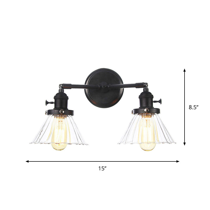 Farmhouse Iron 2-Head Wall Lighting In Black With Curved/Straight Arm Clear Glass Cone/Ball Shades -