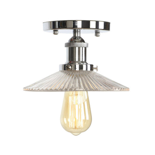 Clear Ribbed Glass Flushmount Farmhouse Bell - Chrome Ceiling Light Chrome / F