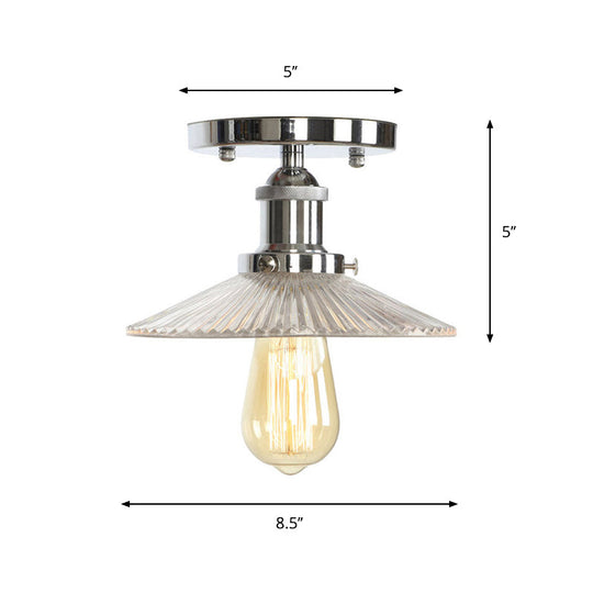 Clear Ribbed Glass Flushmount Farmhouse Bell - Chrome Ceiling Light