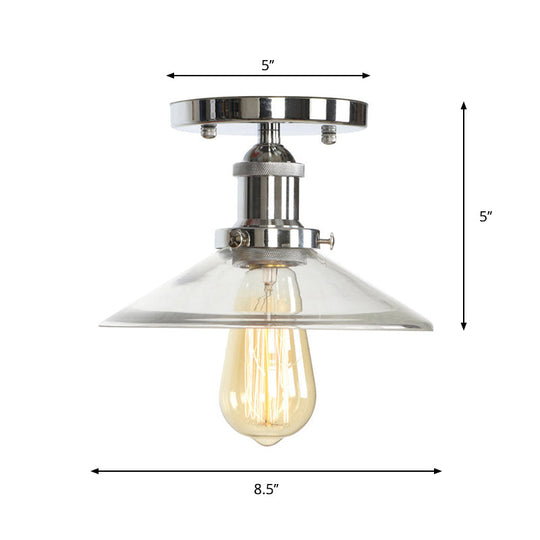 Clear Ribbed Glass Flushmount Farmhouse Bell - Chrome Ceiling Light