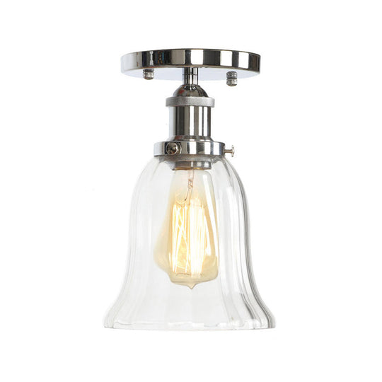 Clear Ribbed Glass Flushmount Farmhouse Bell - Chrome Ceiling Light Chrome / E