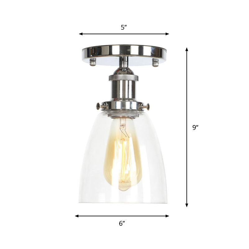 Clear Ribbed Glass Flushmount Farmhouse Bell - Chrome Ceiling Light