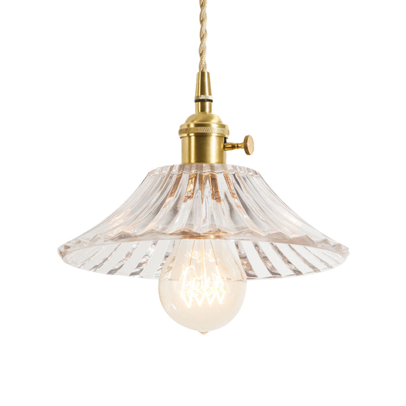 Rustic Brass Floral Hanging Lamp With Clear Ribbed Glass - 1-Light Ceiling Pendant For Table