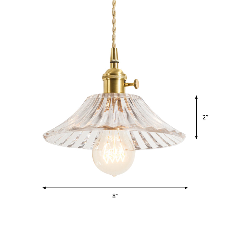 Rustic Brass Floral Hanging Lamp With Clear Ribbed Glass - 1-Light Ceiling Pendant For Table