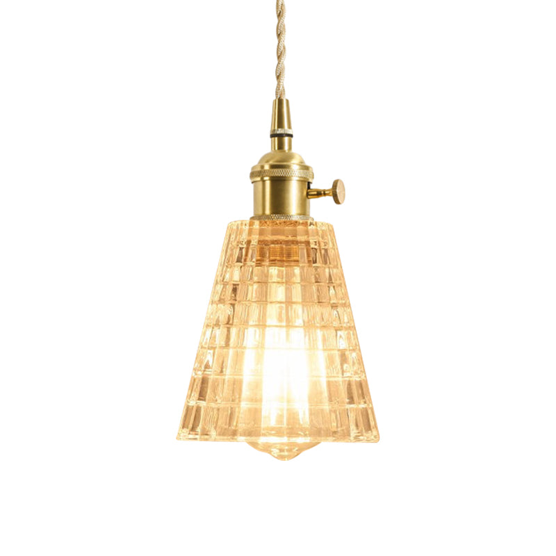 Rustic Brass Floral Hanging Lamp With Clear Ribbed Glass - 1-Light Ceiling Pendant For Table