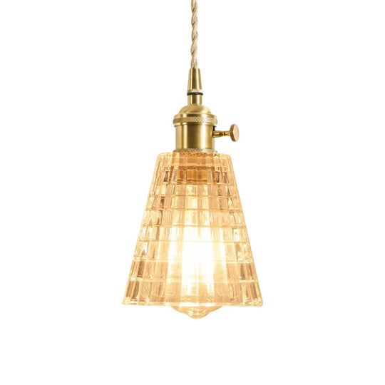 Rustic Brass Floral Hanging Lamp With Clear Ribbed Glass - 1-Light Ceiling Pendant For Table