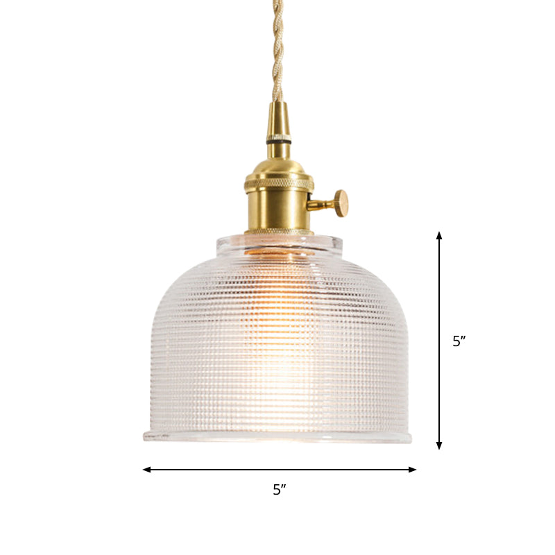 Rustic Brass Floral Hanging Lamp With Clear Ribbed Glass - 1-Light Ceiling Pendant For Table