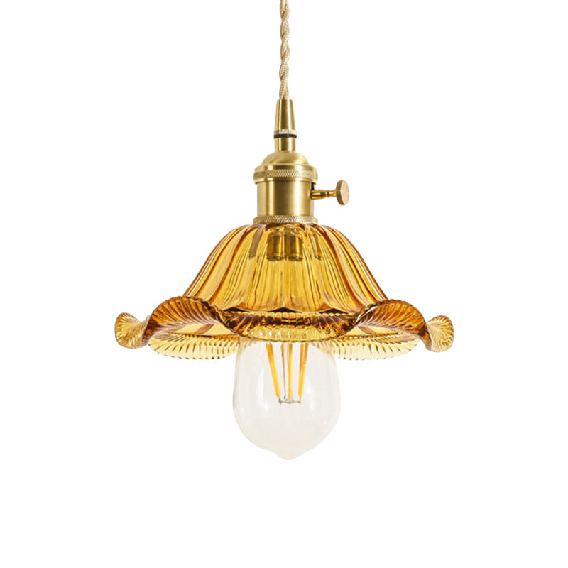 Rustic Brass Floral Hanging Lamp With Clear Ribbed Glass - 1-Light Ceiling Pendant For Table