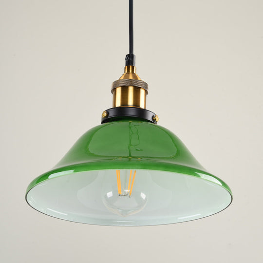 1-Light Vintage Brass Green Glass Pendant Hanging Light Fixture 8’/10’ Width – Perfect For