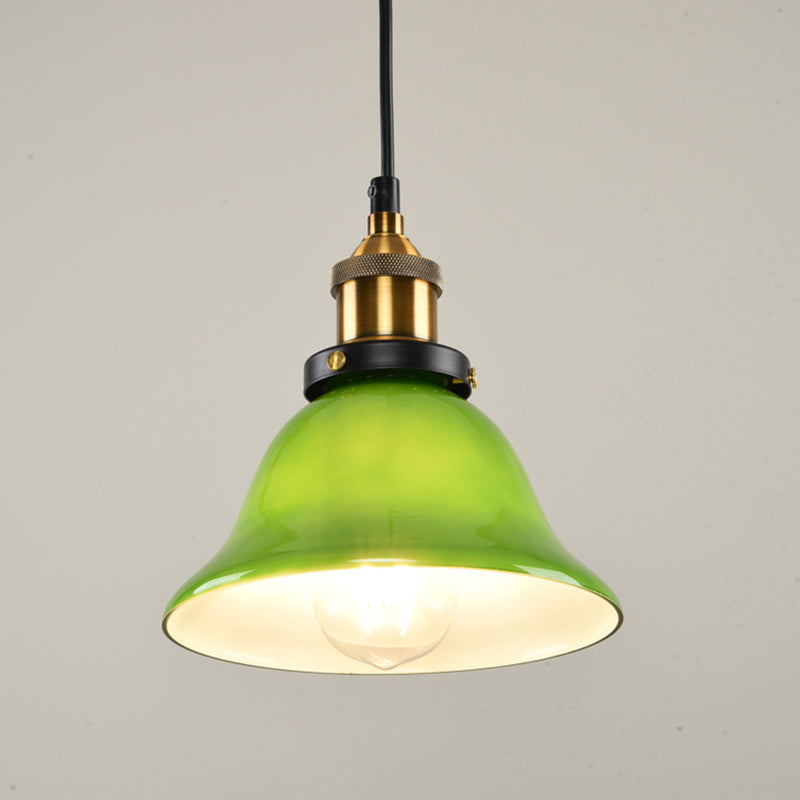 1-Light Vintage Brass Green Glass Pendant Hanging Light Fixture 8’/10’ Width – Perfect For