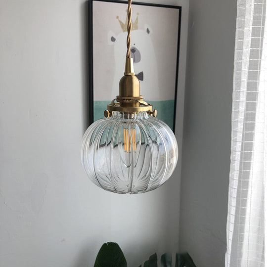 Retro Mini Hanging Light With Oval Green Glass Drop Pendant In Brass